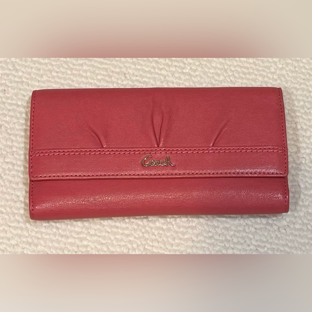 Coach Trifold Leather Wallet And Check Book Cover Pink/Salmon Color 8” X 4.5”